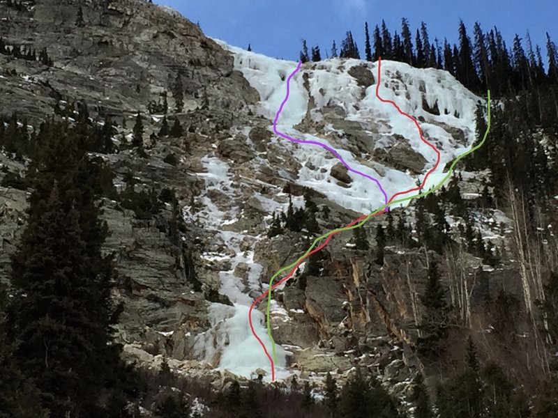 Electric Avenue (red 2017 FA, green 2017 ascent/rap route, purple 2019 ascent).