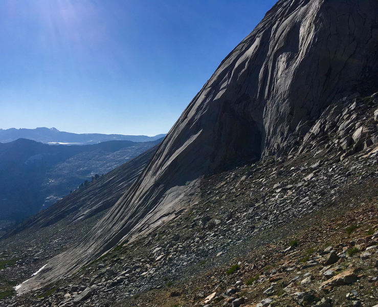 The climb follows a corner system very close to the skyline on this buttress