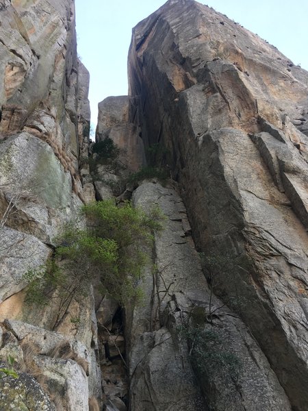 The whole route as seen from the ground, taking the left-facing corner to the final step beneath the top of the pinnacle.