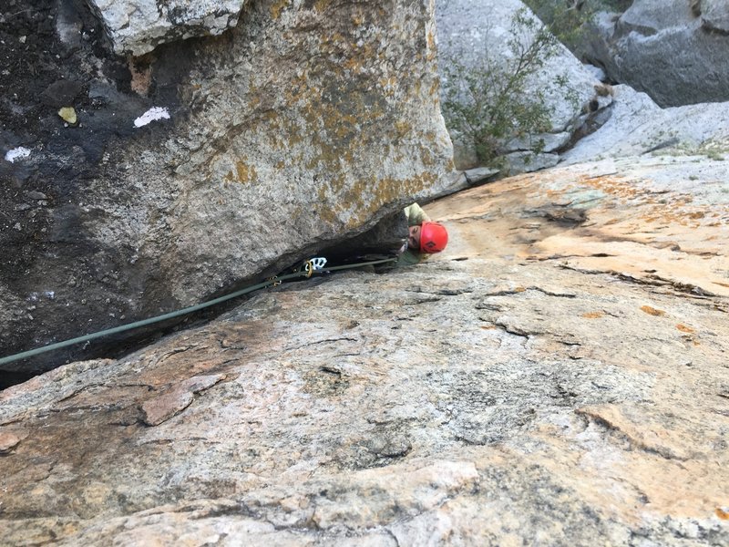 Coming up the crux offwidth.