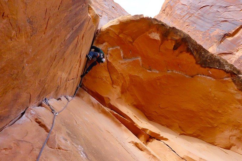 Looking up from belay. The route that busts out right under the roof is a 12d called Horizontal Mambo.