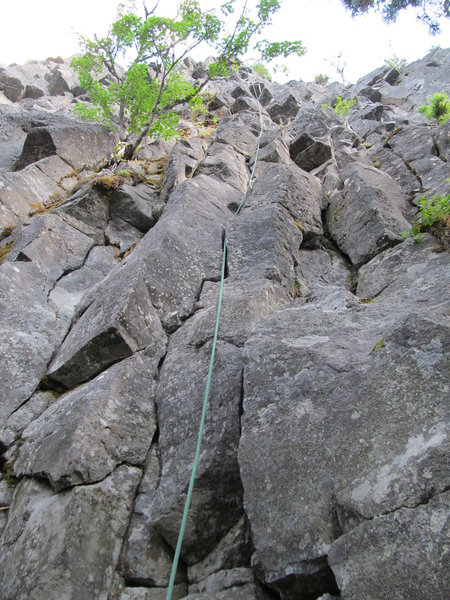 From the base; route follows rope. Namesake fireweed patch visible below roof.