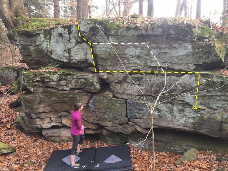 Traverse with a tough start that joins the original Coughing Fit for a decent top out. A couple of different ledges (shown in yellow and white) can be used for the traverse over!