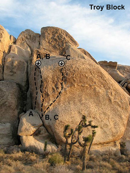 A. Love Goddess (5.12a)
<br>
B. Moonshadow (5.12c)
<br>
C. La Cholla (5.12d)"
<br>
<br>
Photo by C. Miller