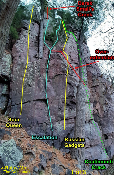 Escalation and nearby routes. This shows the left finish of Coatimundi. The right finish of Coatimundi traverses right (out of view) and joins Grand Inquisitor. The lower Coatimundi Crack is partially obscured.