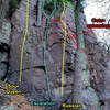 Escalation and nearby routes. This shows the left finish of Coatimundi. The right finish of Coatimundi traverses right (out of view) and joins Grand Inquisitor.  The lower Coatimundi Crack is partially obscured.