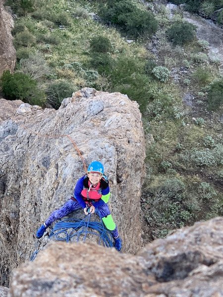 Jennifer belays from the Chicken Ledge.