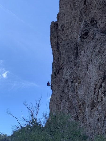 Rappeling down.