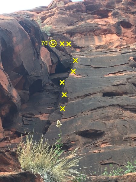 Route follows arete just right of the black, box-like corner.