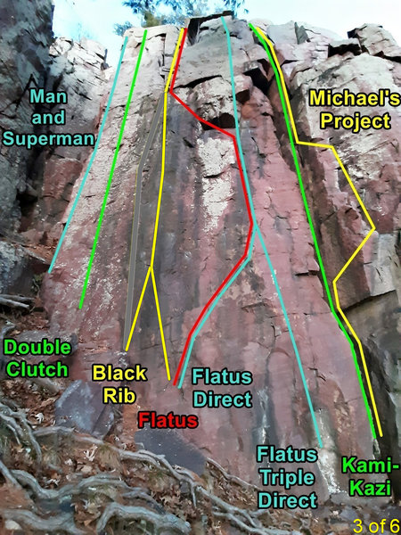 routes on Many Pines SW face - left side