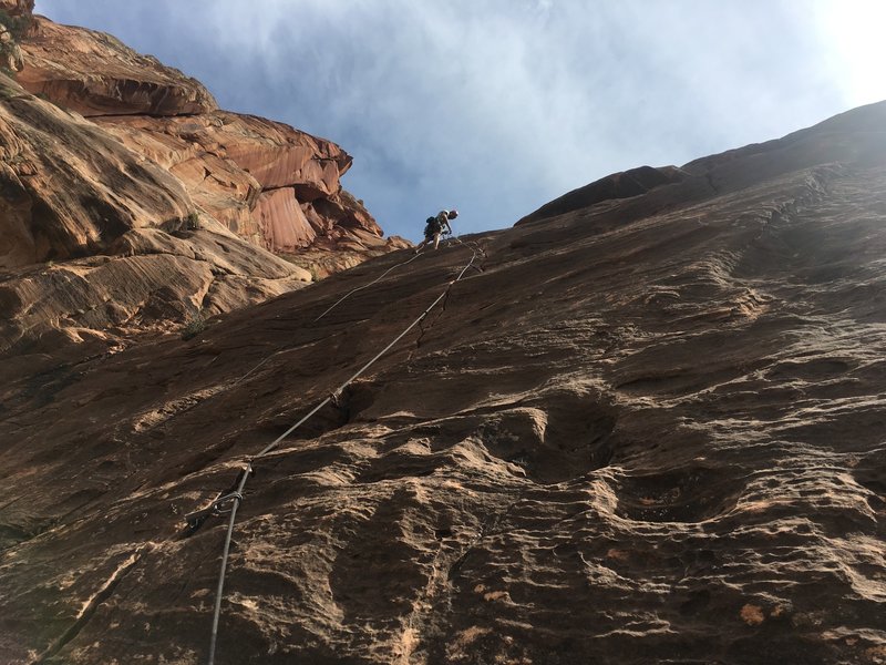 JJ on belay at the top of Pitch 4