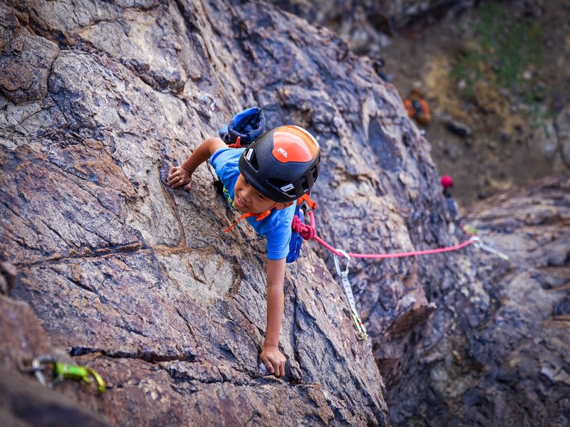 Bishop (6) on his second outdoor lead climb.