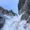 3rd pitch of NW couloir on Eldorado Peak. Has the steepest ice step or possibly a few mixed moves over a chock stone in leaner conditions. Early Nov 2019.