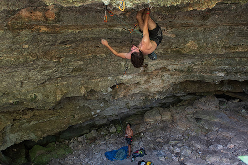Jacob Wright eyeing the pinch before the crux section.
<br>
<br>
Photo cred: Will Cunningham