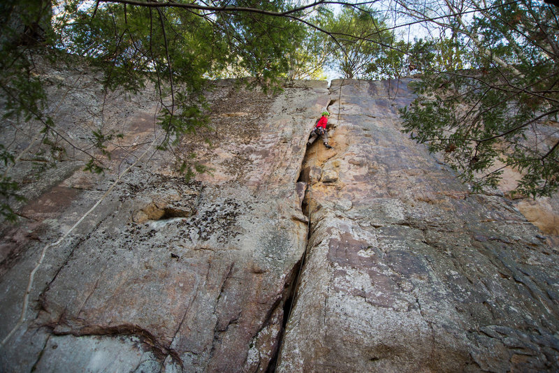 At the crux on Happy Hands. Photo by JH.