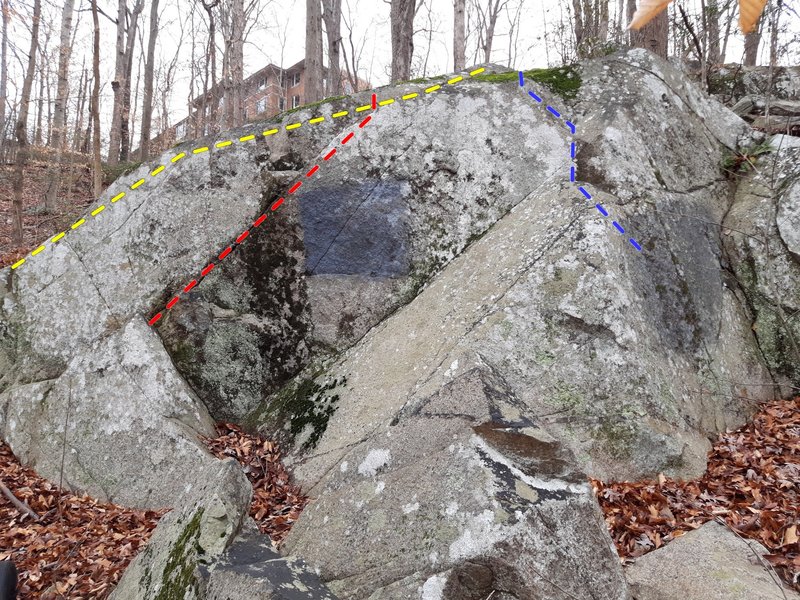 The Front Boulder with route 1 (yellow); route 2 (red); and route 3 (blue) shown.