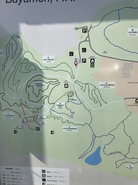 Trail map for the park. Climbing symbols show where the cliffs are in the bottom left of the map.
