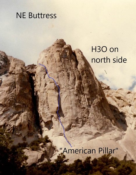 A.K.A., "Rocco's Wall". American Pillar route (5.10, 1981) is shown. H3O (5.11, 1982) is around the corner. Also, a 5.9R route (The Milk Bottle, 1979?) works its way up the crack system descending from just right of the summit.
