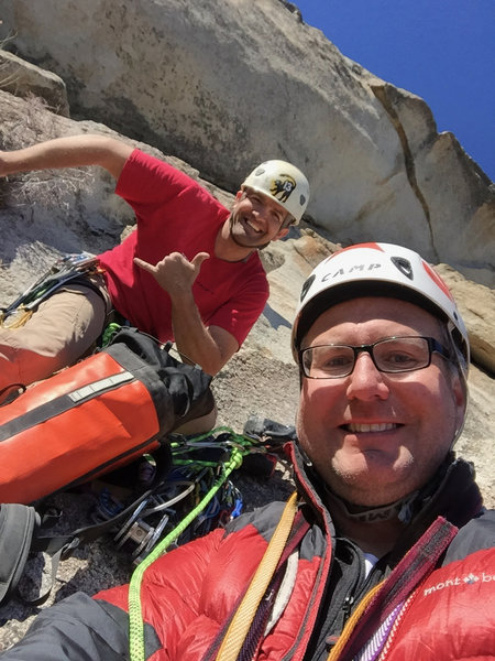 Jared Nielson and Jason Stevens at the belay station of "Old Men of the West". FA: February 28, 2015
