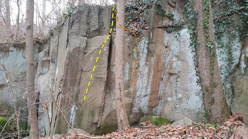 The Magic Arête needs some cleaning on the top. Left: Refridgenator (V3?). Right: Rocket Power/Houston, We Have a Problem (V2/V3?).
<br>
The landing area here requires several pads as it is just a ditch of small boulders.