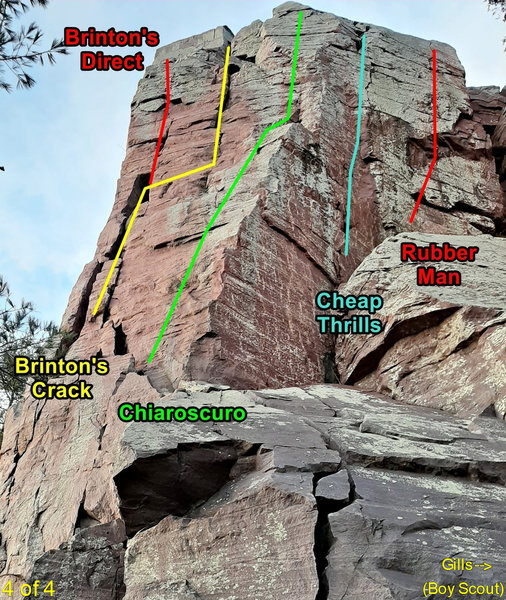 Brinton's Buttress right side. There's lots of ways to get from the ground to where the meaty part of these routes begin. For example, to get to Brinton's Crack, one book says scramble 20 ft up slab and another says climb left facing corner.