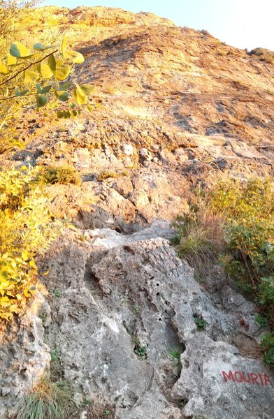 Mouria starts with a nice moderate pitch located near where the approach trail intersects the massive cliff face.
