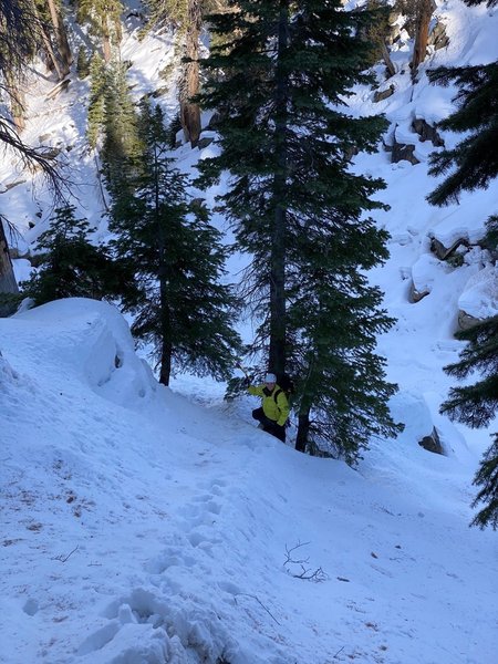 Hillside ascent to reach top of ridge, then traverse, then drop down to top of falls to set up TR
