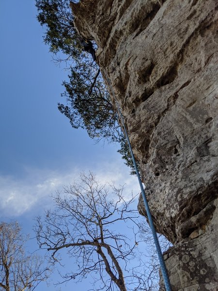 Belayer's view of a climber at the top