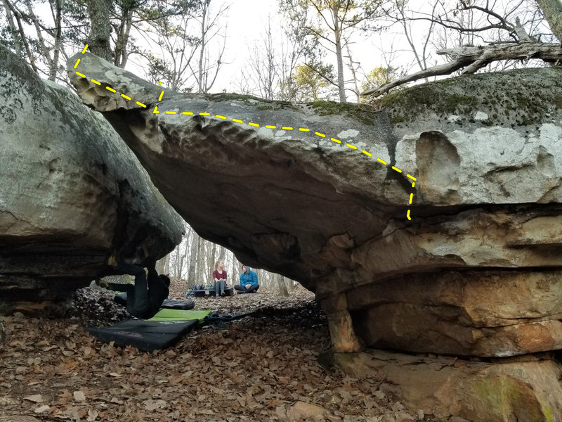 Pittman Arete V5. Idk what start on block means but starting on the slot under the roof seems reasonable to me. Maybe there's a block 5 feet to the right.