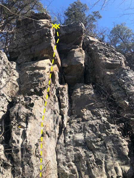 Climb through bolts right of the arete and pull through the roof to finish.