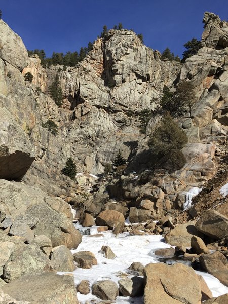 A frozen North Boulder Creek with Lower Dream Canyon rock looming above. L > R: Plotinus, Krishna, Berlin Wall, Wall of Winter Warmth, Pin Dome.