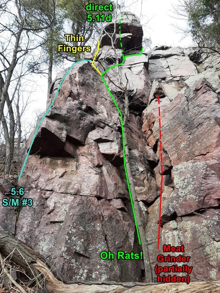 Oh Rats! area. I noticed that Swartling/Mayer 3rd ed. says route #3 starts "left of the corner", and diagram 4W on page 235 shows it there, too. I don't think it gets climbed much because the Oh Rats! route to the 2nd ledge is more interesting.