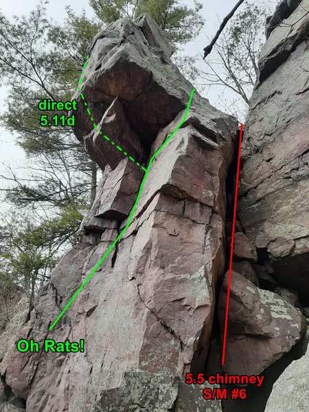 Standing near the top of the Meat Grinder offers a nice view of the top of Oh Rats!. The 5.3 climbing of Meat Grinder actually stops at this level but Swartling/Mayer #6 is a 5.5 continuation to the top in this narrow chimney.