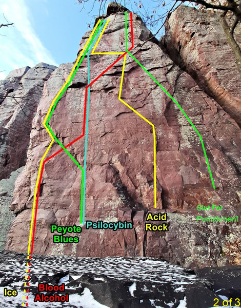 Acid wall. After watching the video of EZ climbing Ice, I moved the line for the lower half of Ice and Blood Alcohol a bit left so that it goes over the holds that EZ used below Peyote. See the video posted by Tony Brengosz in the comments under Ice.