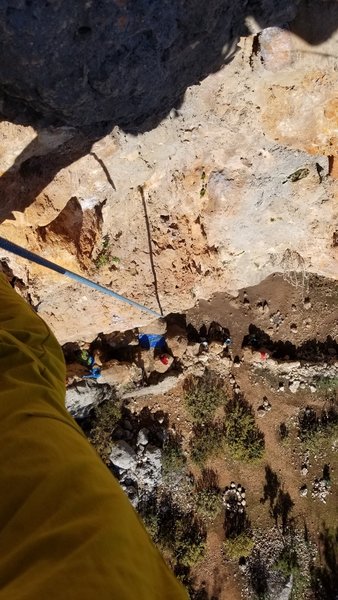 Looking down from the chains with pumped forms on Alabalik. You my want to back clean to cut down on rope drag.