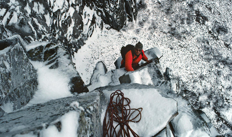 Dave Walters above the 'Pipe' pitch on a winter ascent of the 'WG' in 1980