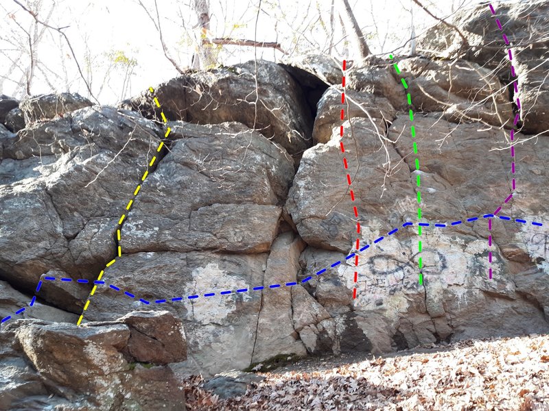 The Crack (yellow), Unknown 1 (red), Unknown 2 (green), Unknown 3 (purple), The Long Wall Traverse (blue)