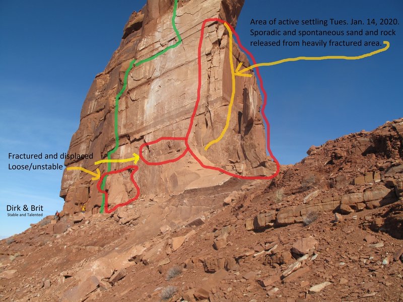 Sister Superior Base Southwest Elevation Info: Green line indicates terrain climbed to anchor formerly gained by climbing the 1st chimney pitch.
