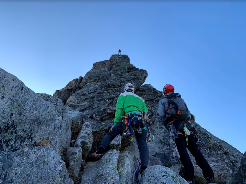 Rappelling off the beginning of the route after running into significant snow and ice in mid September
