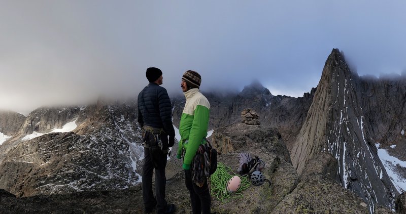 Moody weather atop Tiger Tower, waiting for conditions to improve on Wolf's Head.