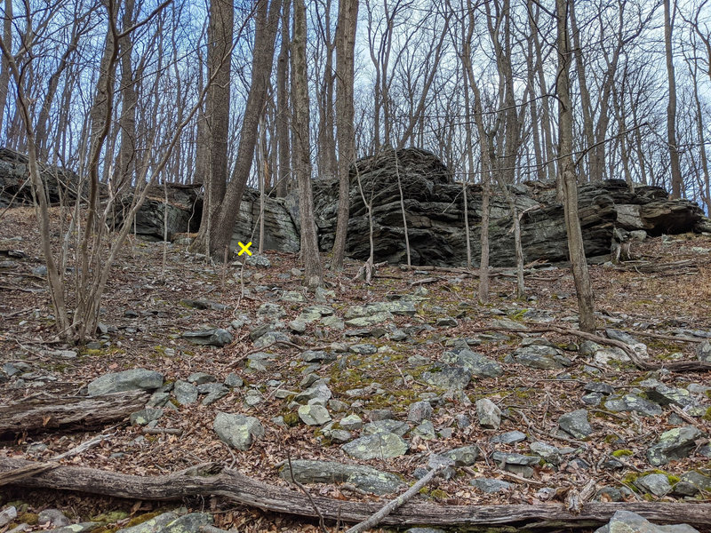 View of boulder cluster just above and left of the Squirrel climbs, with Flock of Crack Birds indicated
