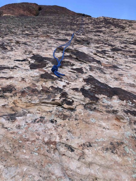 Third rap from top. Pitch 7. This is a NEW 70m rope. It's just shy of the anchor. Under body weight, (150lbs) was able to reach the high hanger on the anchor with my PAS. Tricky to get out of the rope. Trickier still to put knots back in for the follower.