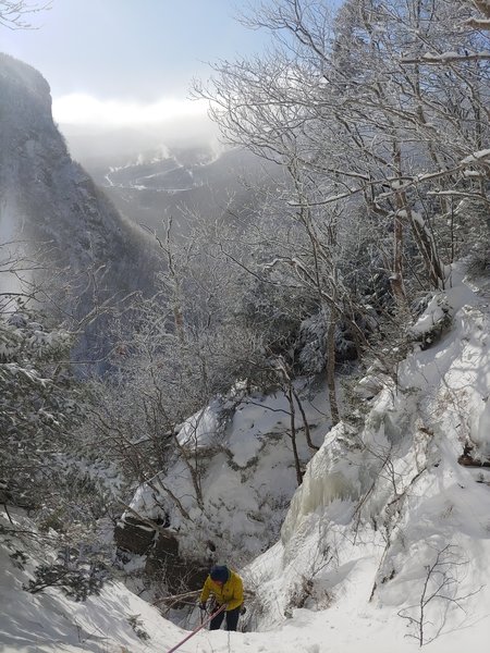 Generally, at least two great spots to rap from if you're not continuing to easy. One of which is higher up, climbers right