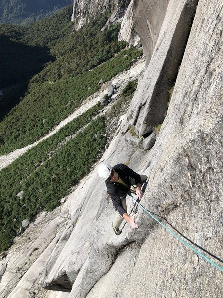 Top of P5, super fun, balancy traverse to belay