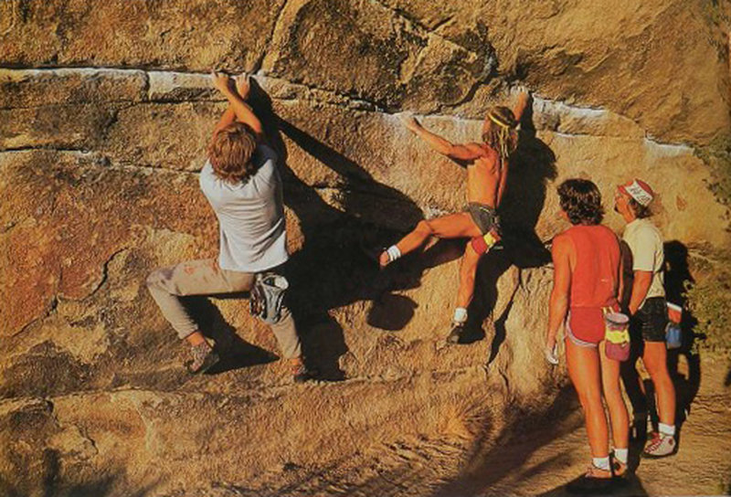 L to R Dave Titus, Patrick Edlinger (R.I.P.), Patrick's friend Wolfgang, and Dwain Warren at bouldering at Gunsmoke. Circa mid 80s