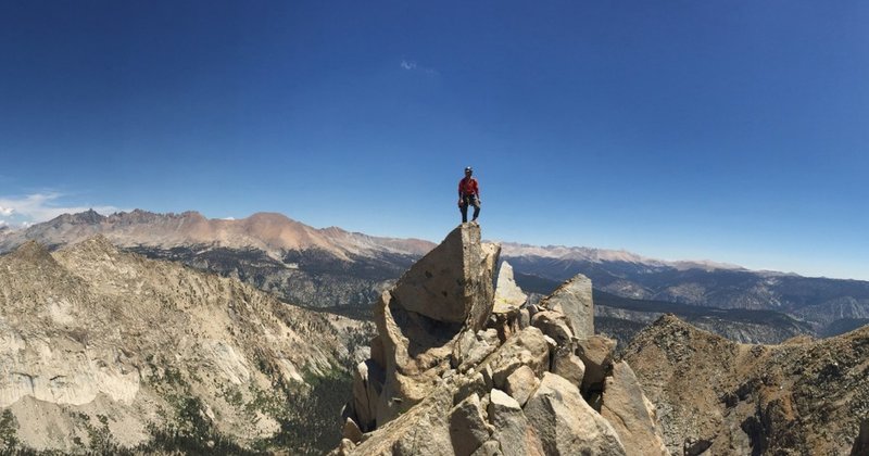 Cody on the pointy summit. Kaweahs in the background.