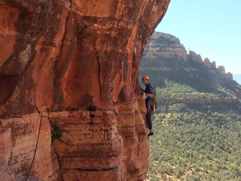 Keith airing it out on the limestone traverse. I thought it was a bit spooky. You can supplement bolts with small gear. Plenty of exposure and awesome views!