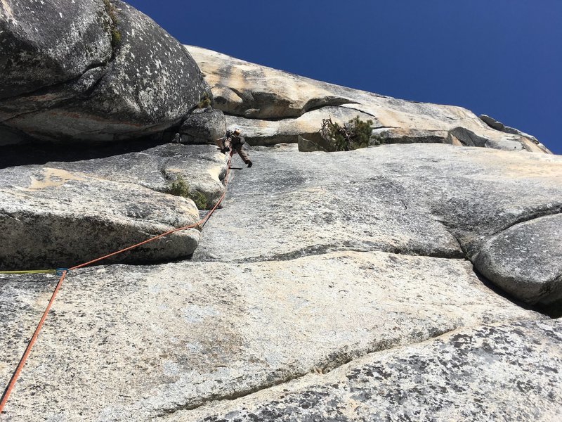 Peter Tsongalis heading up the 10a thin 2nd Pitch.