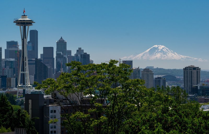 Mt. Rainier looming over downtown Seattle on a clear day.