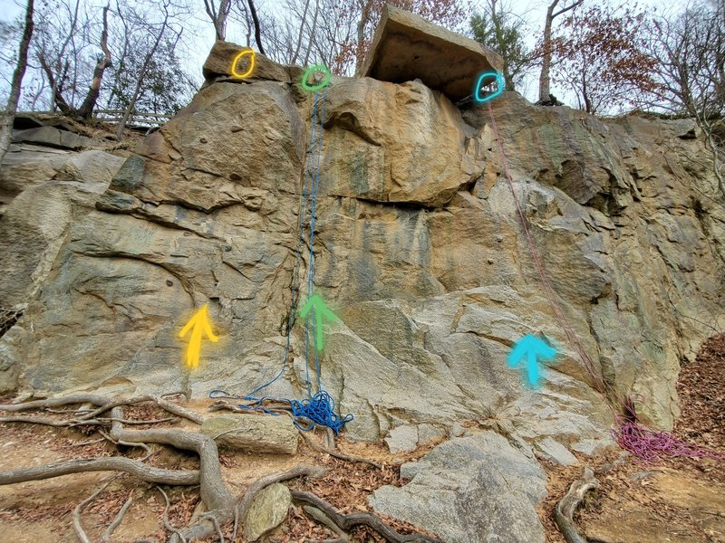 "Leaning Dihedral" (yellow), "Dynamite Chute" (green), and "Table Top" (blue) which make up the first face of the quarry.